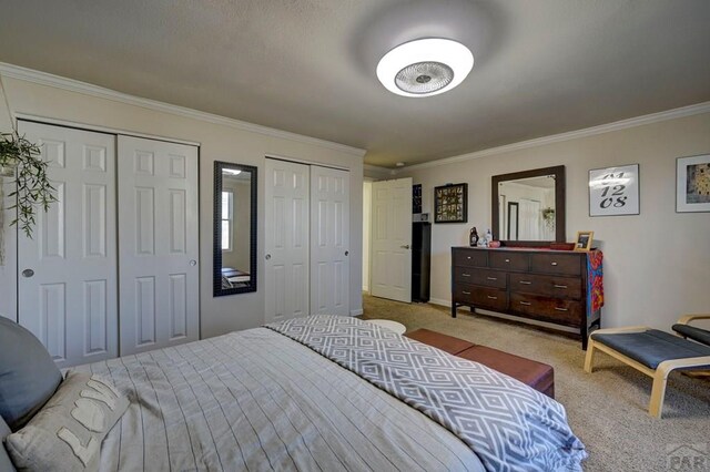 bedroom with multiple closets, light carpet, and crown molding