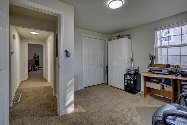 office with light carpet, visible vents, and baseboards