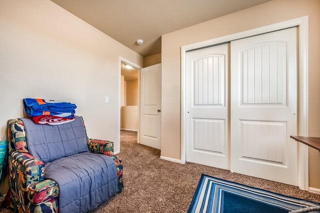 carpeted bedroom featuring baseboards and a closet