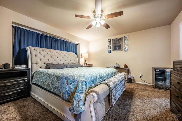 bedroom with dark colored carpet, beverage cooler, ceiling fan, and baseboards