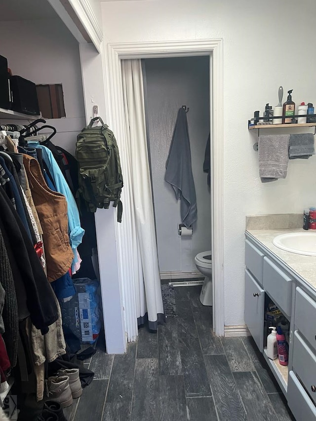 bathroom with wood finished floors, toilet, and vanity