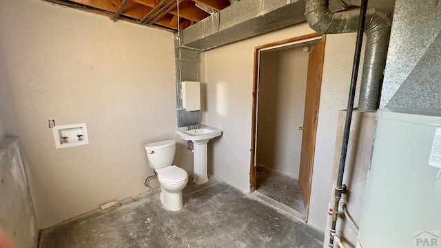 half bathroom with water heater, unfinished concrete flooring, toilet, and heating unit