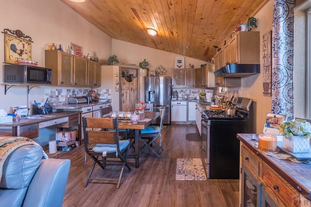 kitchen featuring appliances with stainless steel finishes, dark wood-type flooring, vaulted ceiling, wooden ceiling, and under cabinet range hood