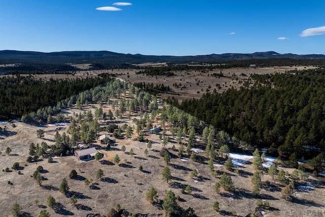 bird's eye view with a forest view and a mountain view