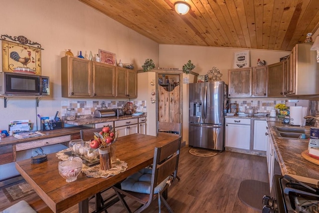 kitchen featuring dark wood-style floors, stainless steel appliances, backsplash, wood ceiling, and a sink