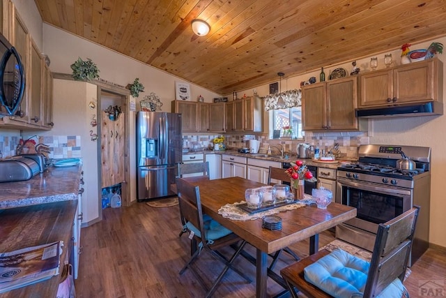 kitchen featuring wooden ceiling, under cabinet range hood, stainless steel appliances, and dark wood-type flooring