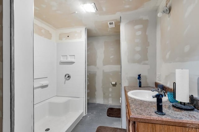 full bath with visible vents, toilet, a shower stall, vanity, and concrete flooring