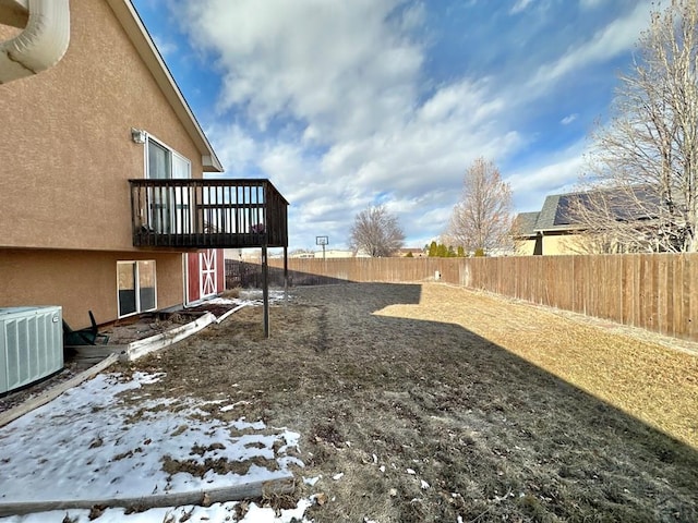 snowy yard featuring a fenced backyard, central AC, and a wooden deck