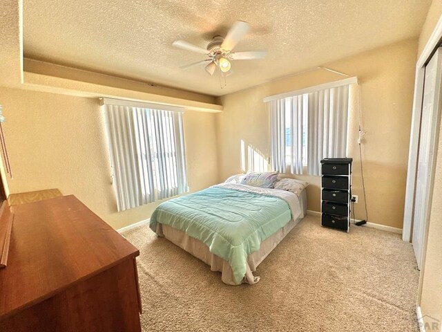 bedroom with light carpet, multiple windows, and a textured ceiling