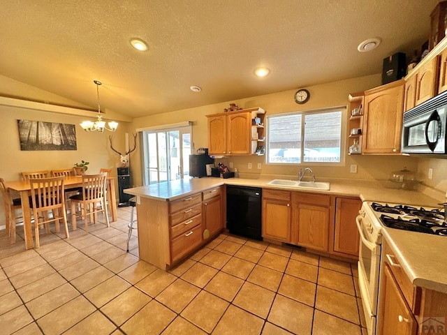 kitchen with a peninsula, black appliances, open shelves, and light countertops