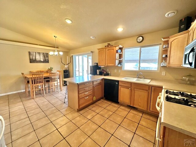 kitchen featuring black dishwasher, open shelves, a peninsula, and light countertops