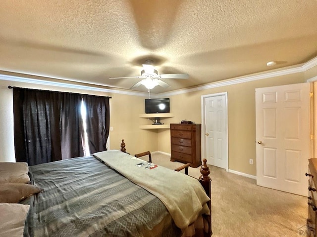 bedroom featuring ornamental molding, light carpet, a textured ceiling, and baseboards