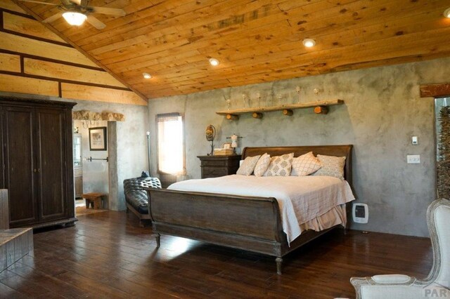 bedroom featuring vaulted ceiling, dark wood-type flooring, and wooden ceiling