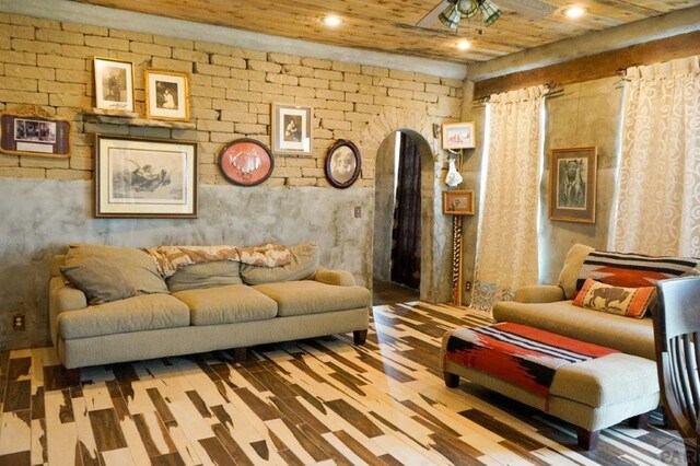 living area with recessed lighting, wood ceiling, ceiling fan, and wood finished floors