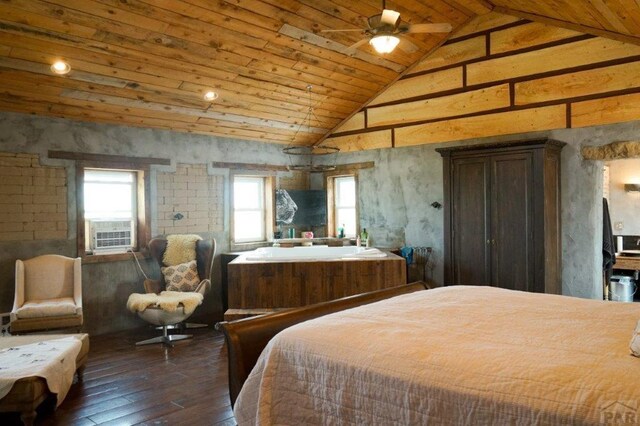 bedroom with wooden ceiling, high vaulted ceiling, dark wood finished floors, and cooling unit