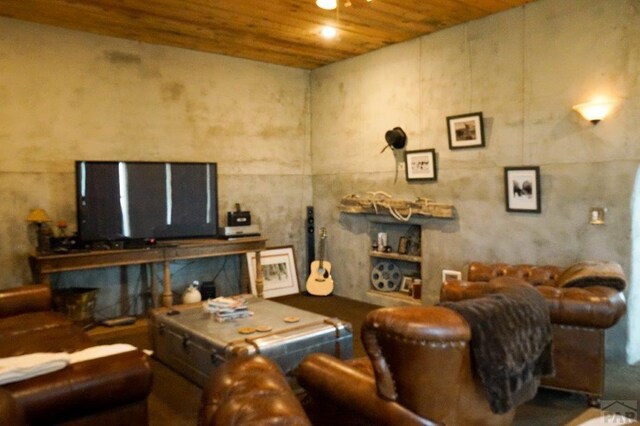 living room with wood ceiling